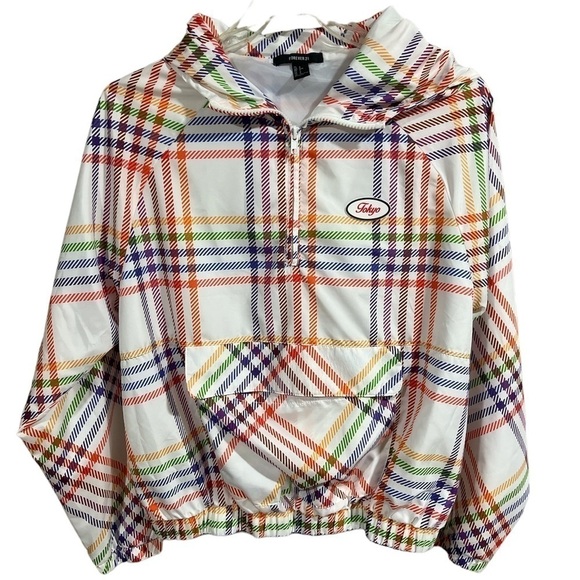 Forever 21 Tokyo Rainbow Plaid Windbreaker Track Jacket with Hood Small Skater - Picture 2 of 11